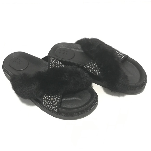 Joe's Jeans Faux fur Crossed Studded slides - Picture 5 of 5
